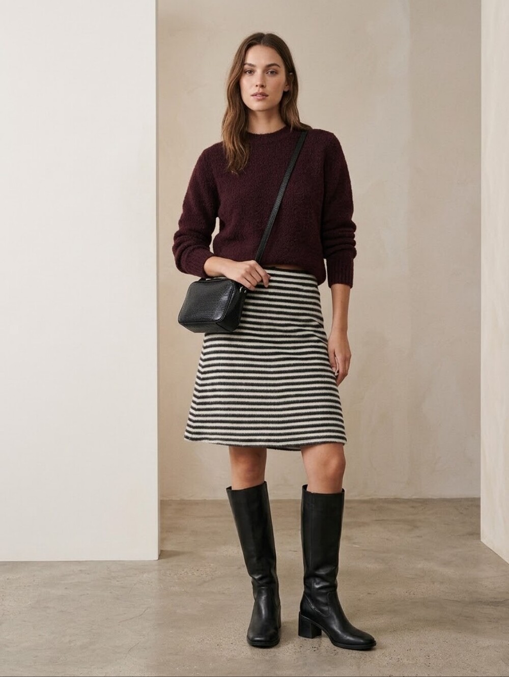 Maeve by Anthropologie Black & White Striped Fuzzy A-line Skirt